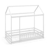 Twin size kids house bed in white with roof and full-length safety guardrail, perfect for imaginative play and sleep.