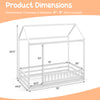 Twin size kids house bed dimensions with roof and safety guardrail, ideal for imaginative play and comfortable sleeping.
