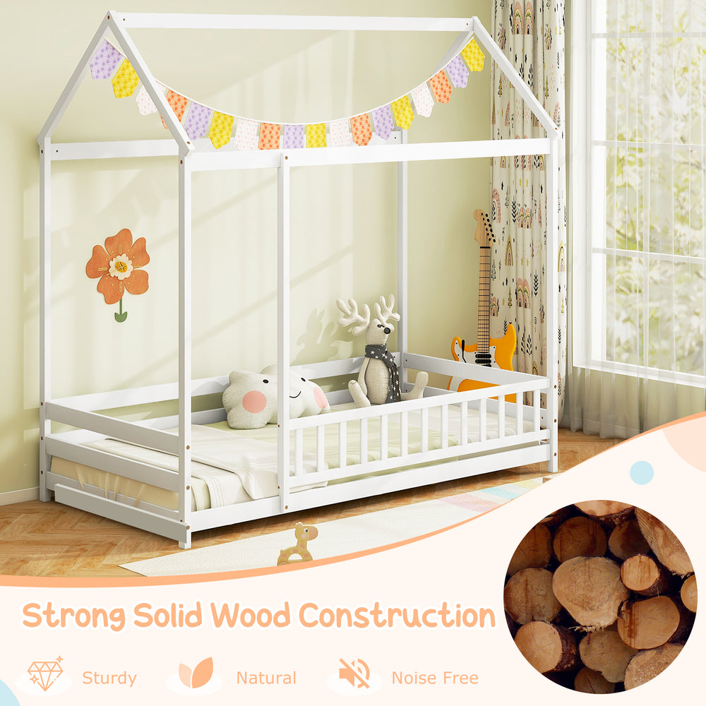 Twin size kids house bed in white with roof, full-length safety guardrail, perfect for imaginative play and sleeping.
