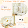 Twin size kids house bed in white wood with roof and safety guardrail, perfect for imaginative play and cozy sleeping.
