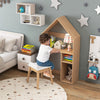 Kids house-shaped table and chair set in gray, featuring ample storage and a blackboard for drawing, perfect for.