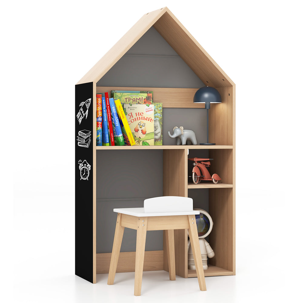 Kids house-shaped desk and chair set in gray with storage, blackboard, and sturdy design for learning and play.