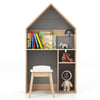House-shaped kids' desk and chair set in gray with storage for books and toys, ideal for drawing and learning.