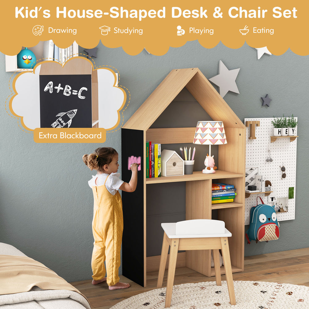 Kids house-shaped desk and chair set in gray with extra blackboard, perfect for drawing, learning, and playing.