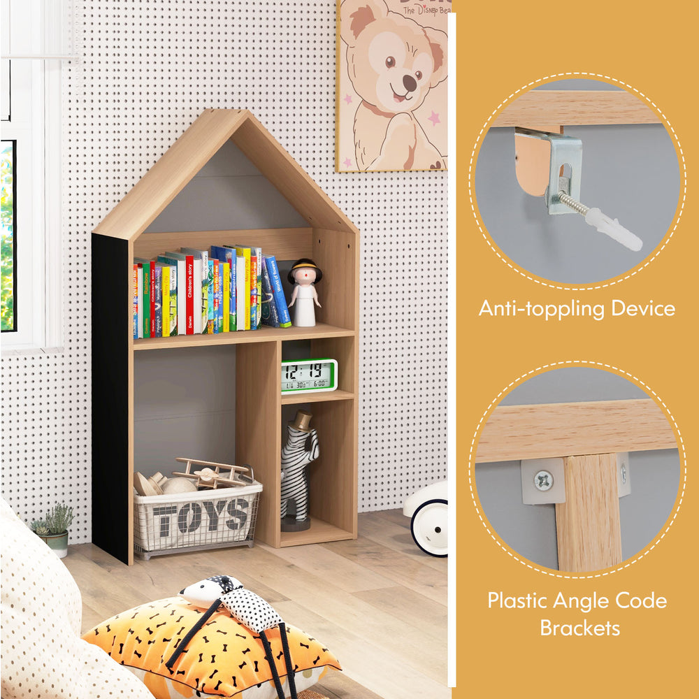 House-shaped kids' desk and chair set in gray with ample storage, anti-toppling device, and blackboard for drawing.
