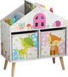 Kids house-shaped bookshelf with colorful prints and two removable storage bins for toys and books in a kids' room.