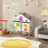 Kids house-shaped bookshelf with colorful prints and two removable storage bins for toys and books in a playroom.