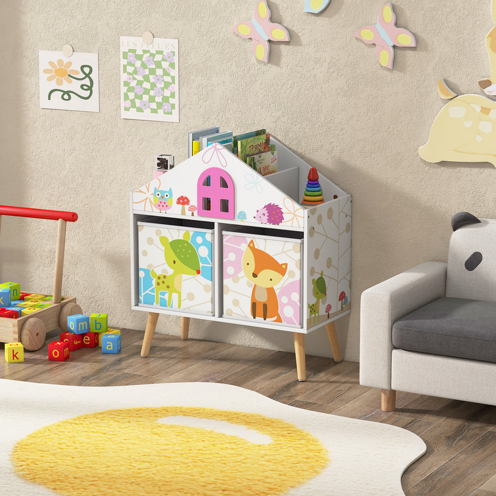 Kids house-shaped bookshelf with colorful prints and two removable storage bins for toys and books in a playroom.