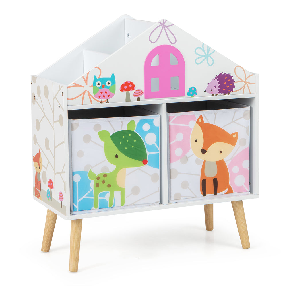 Kids house-shaped bookshelf with two colorful storage bins, perfect for organizing toys and books in a playroom.