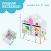 Kids house-shaped bookshelf with colorful prints, featuring 2 storage bins, perfect for kids' rooms and playrooms.