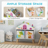 Kids house-shaped bookshelf with colorful prints, featuring 2 storage bins for toys and books in a playroom setting.