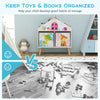 Kids house-shaped bookshelf with colorful prints and 2 removable storage bins for organized playroom storage.