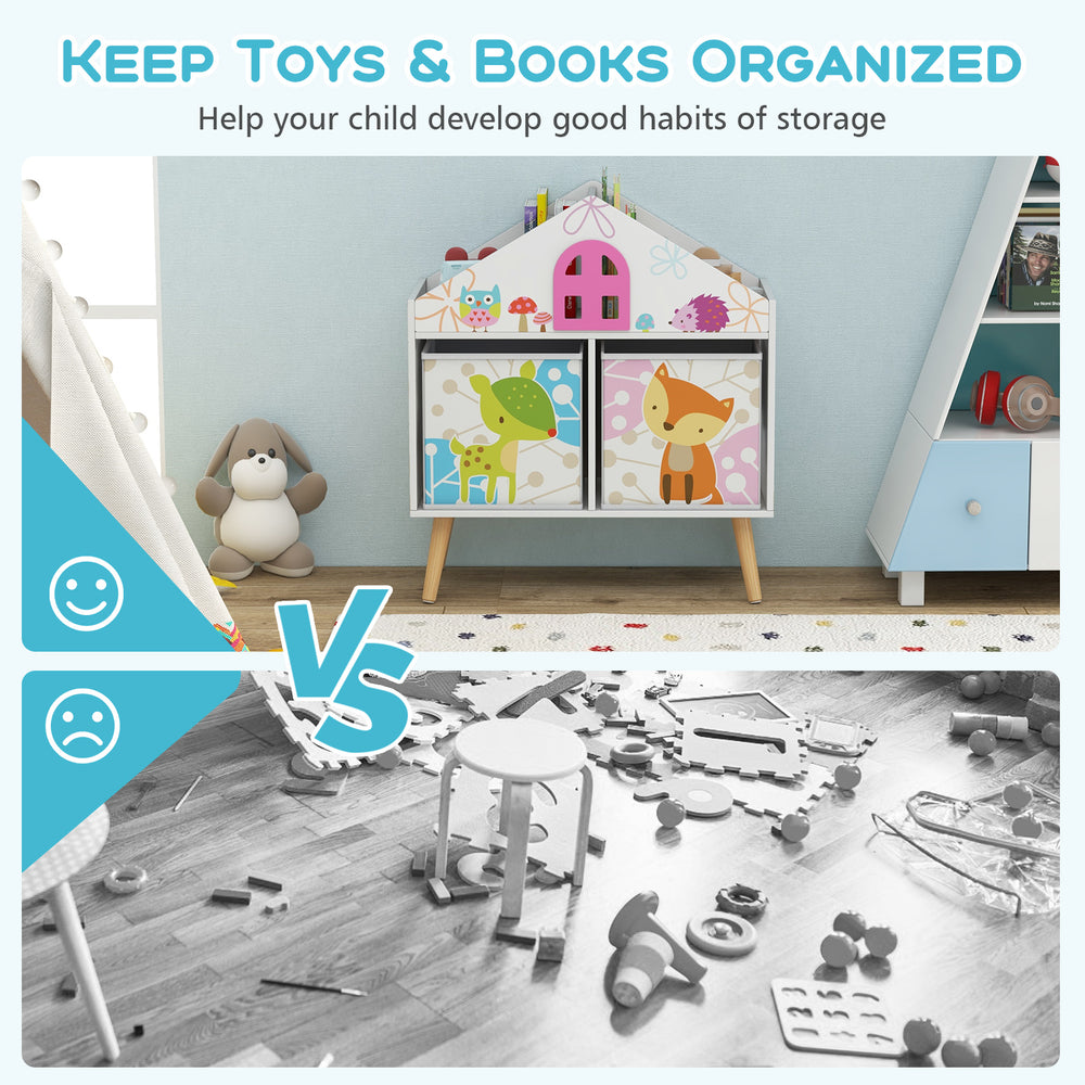 Kids house-shaped bookshelf with colorful prints and 2 removable storage bins for organized playroom storage.