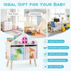 Kids house-shaped bookshelf in white with colorful prints and 2 removable storage bins for kids' room organization.