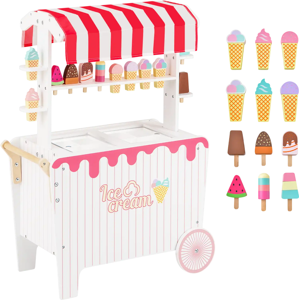Kids ice cream cart playset in red with a sturdy design, featuring a stylish canopy and ample storage for accessories.