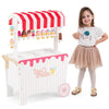 Kids ice cream cart playset in red with 12 accessories, large wheels, and a sunproof canopy for imaginative play.