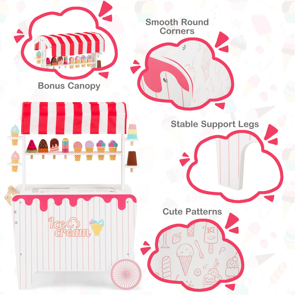 Kids ice cream cart playset with red canopy, display rack, and 12 accessories for imaginative play in any room.