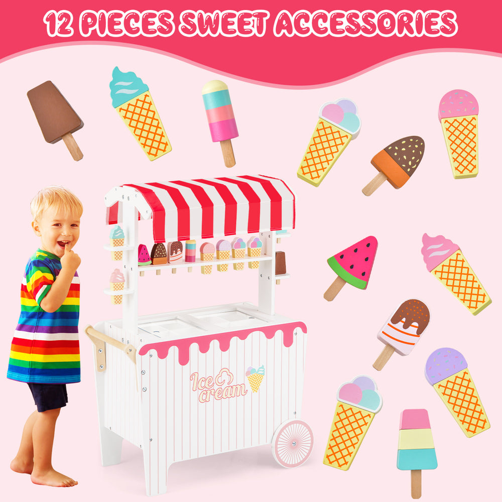 Kids ice cream cart playset in red with 12 accessories, featuring a display rack and easy-to-push wheels for fun.