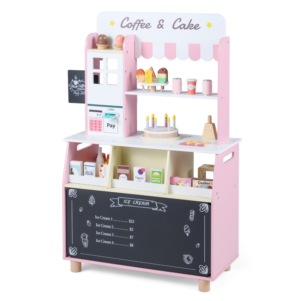 Kids ice cream shop in pink with a rotating popsicle rack and oven, designed for engaging pretend play with 27.