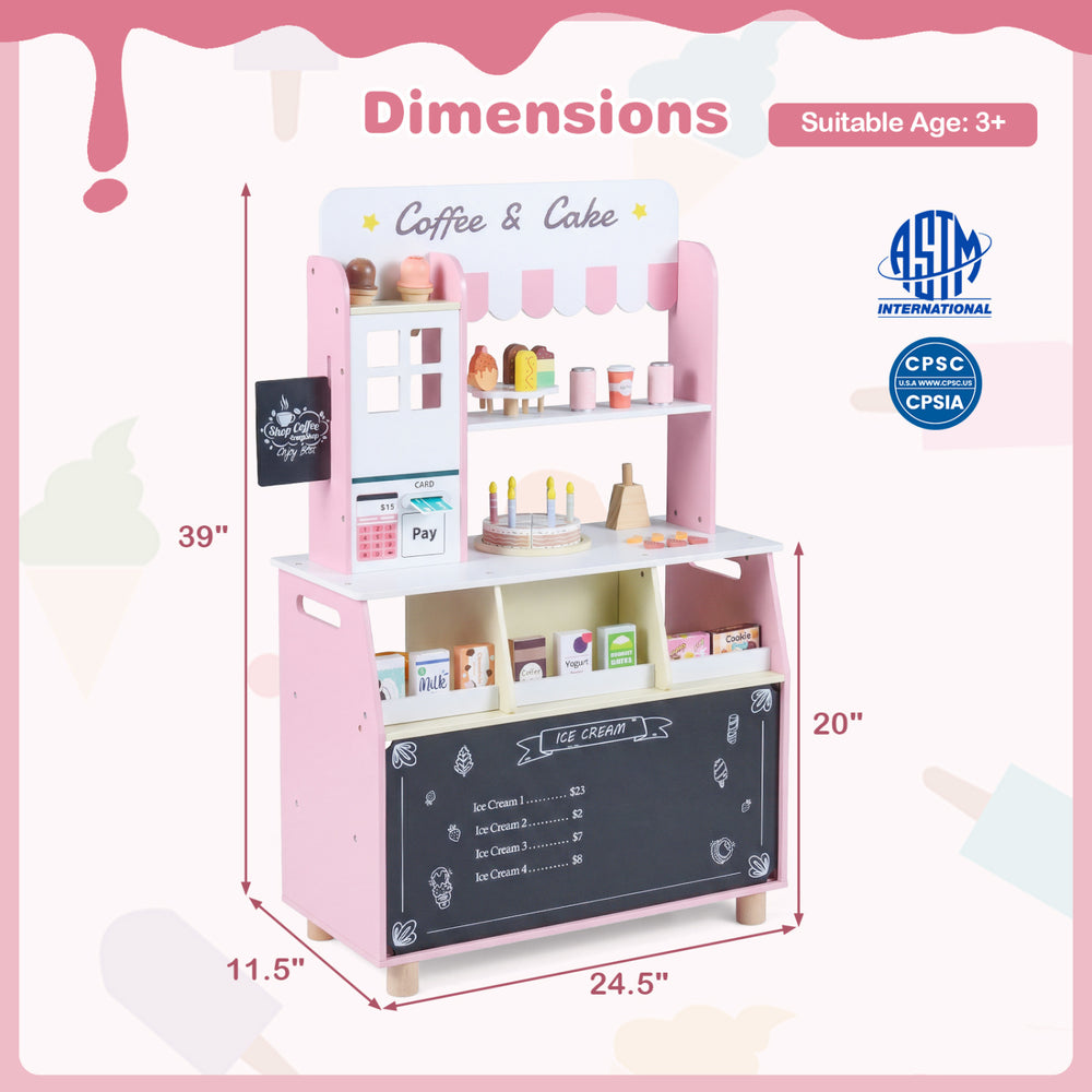 Kids ice cream shop in pink includes a tiny ice cream maker and detachable cakes for hands-on role-playing fun.