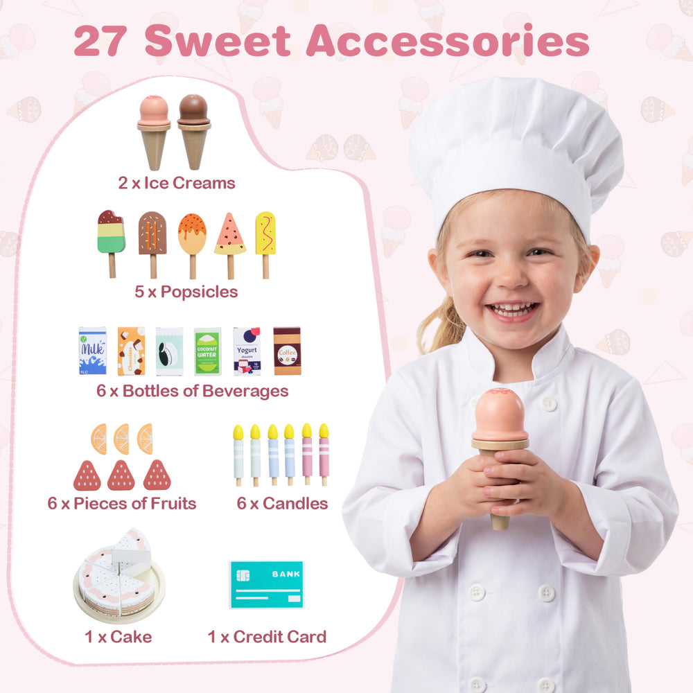 Kids ice cream shop set with 27 accessories, including ice creams, popsicles, and a pretend credit card machine for.