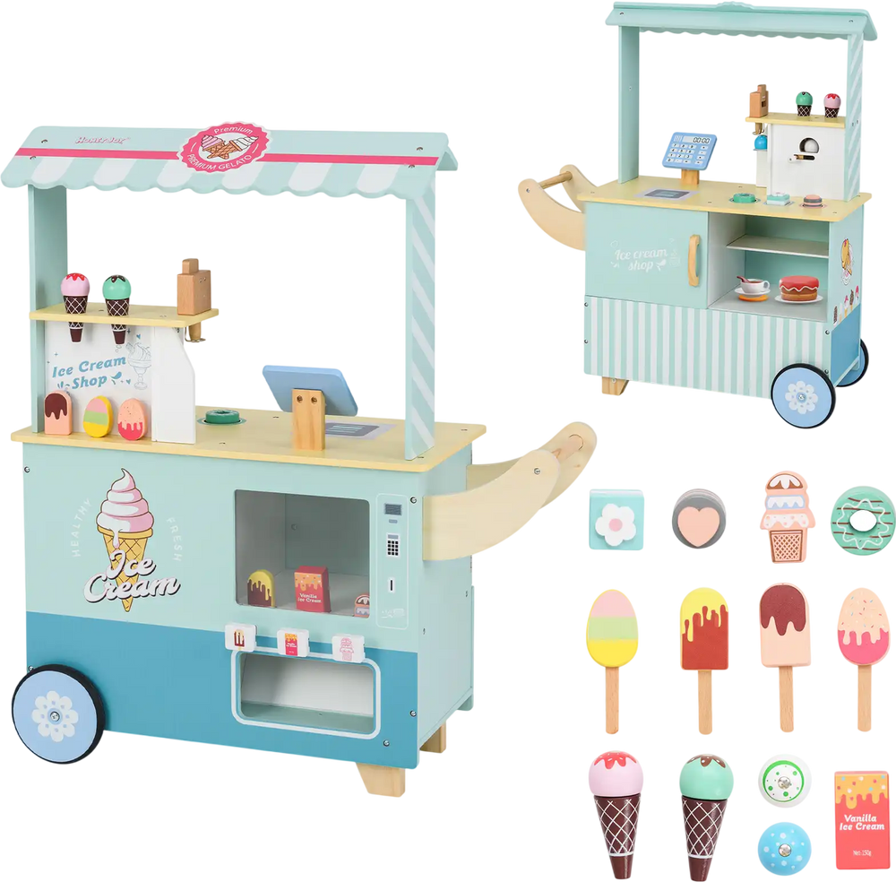 Double-sided kids ice cream truck play set in green with vending machine, 15 play foods, and interactive features for.