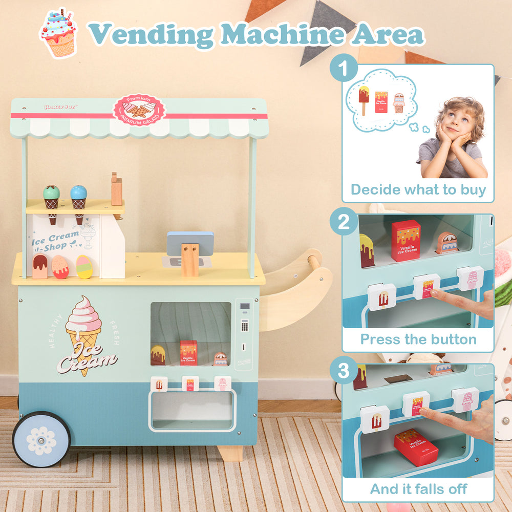 Double-sided kids ice cream truck play set in green with vending machine, enhancing imaginative role-play and.