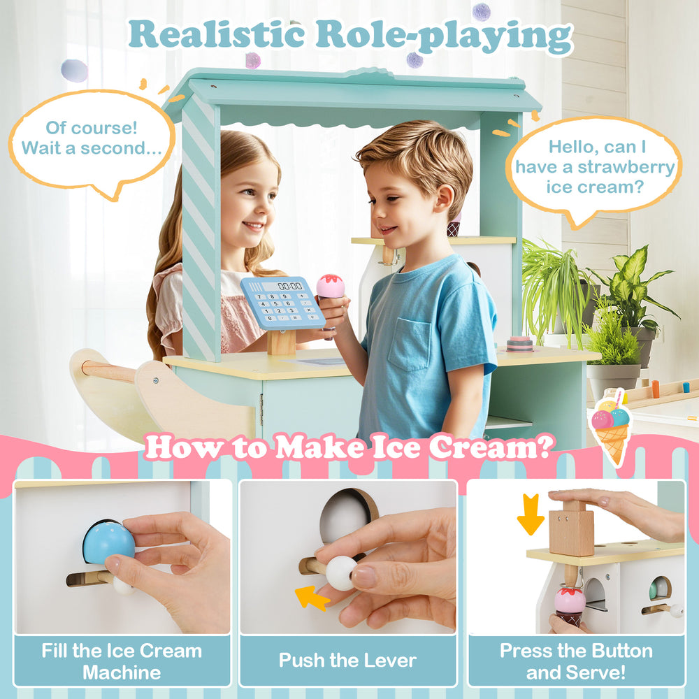 Kids ice cream truck pretend play set in green, featuring a vending machine and 15 play food pieces for interactive fun.