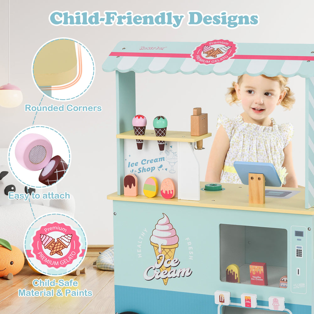 Kids ice cream truck pretend play set in green with vending machine, featuring child-safe materials for imaginative fun.