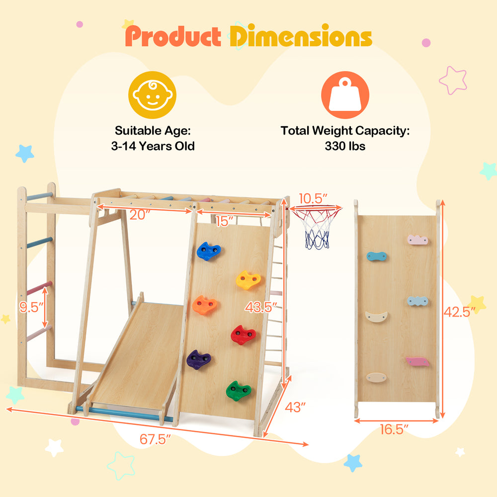 Kids Indoor Playground dimensions showing climbing ramp, slide, and safety features for ages 3-14, supports 330 lbs.
