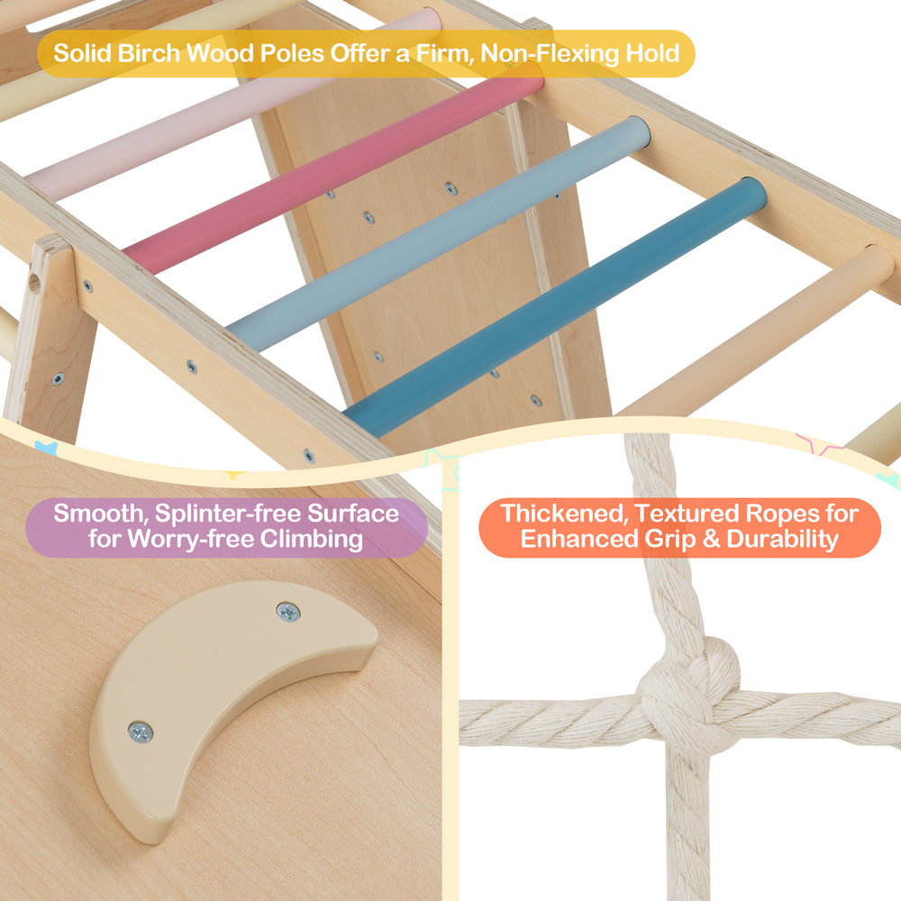 Solid birch wood poles and thickened ropes detail of the Kids Indoor Playground 6-in-1 Jungle Gym for safe climbing fun.