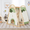Wooden kids jungle gym playset with slide, climbing net, and tent, made of beech wood for safe indoor play.