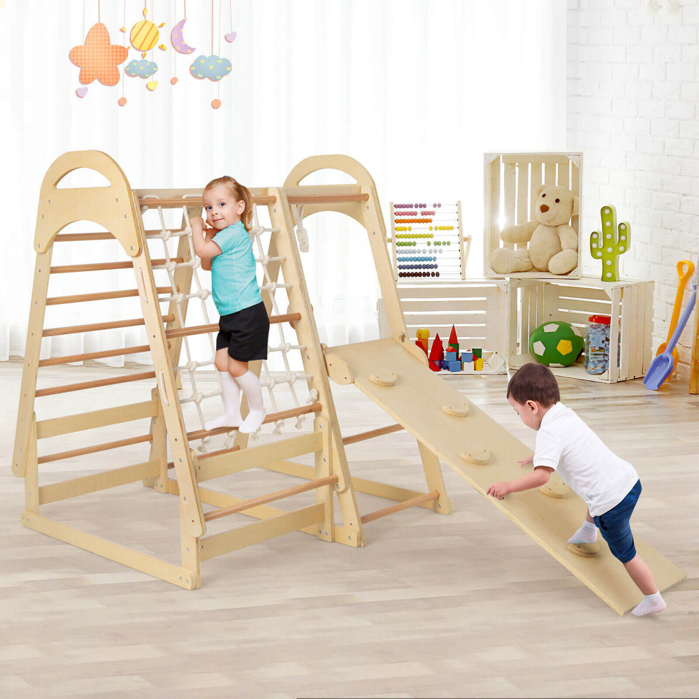 Wooden kids jungle gym playset with slide, climbing net, and monkey bars, made of beech wood for safety and stability.