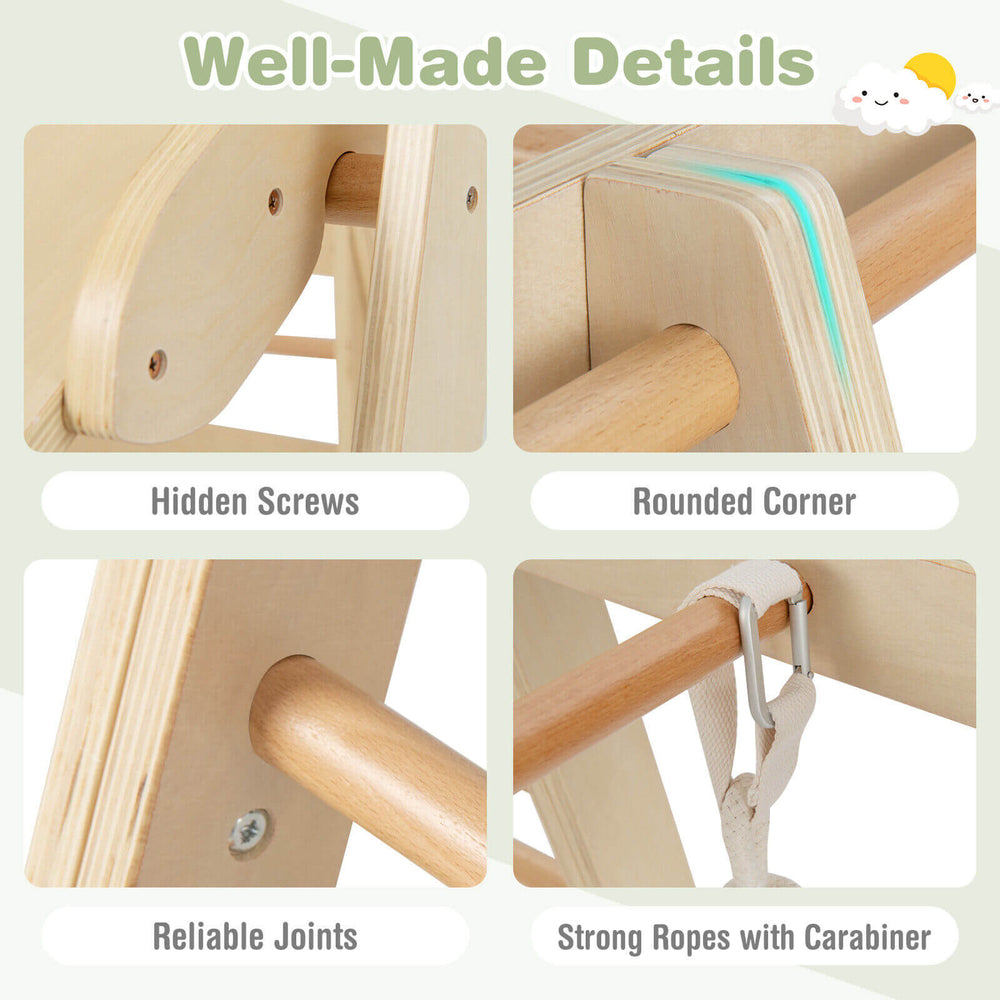 Close-up of the 6-in-1 wooden kids jungle gym showing hidden screws, rounded corners, and strong joints for safety.