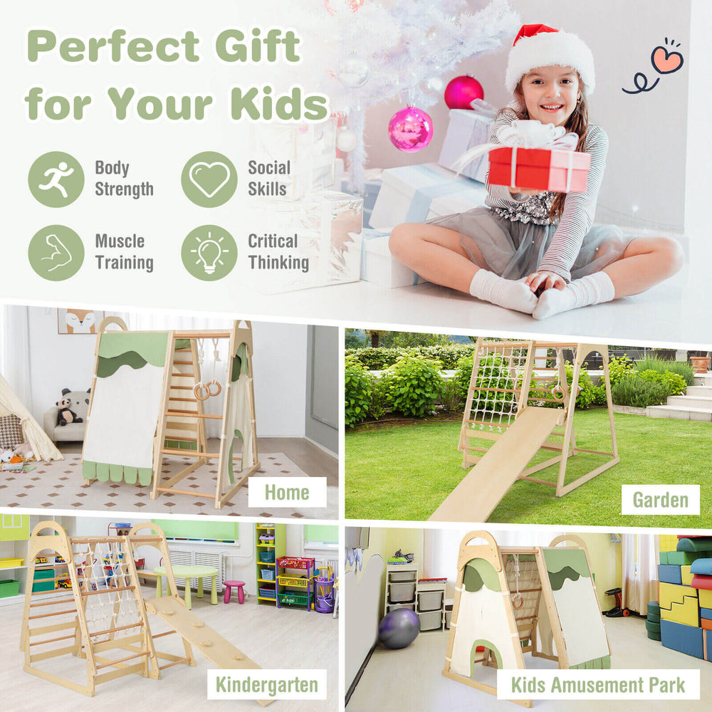 6-in-1 wooden kids jungle gym playset with slide, climbing net, and monkey bars for home or garden fun and development.