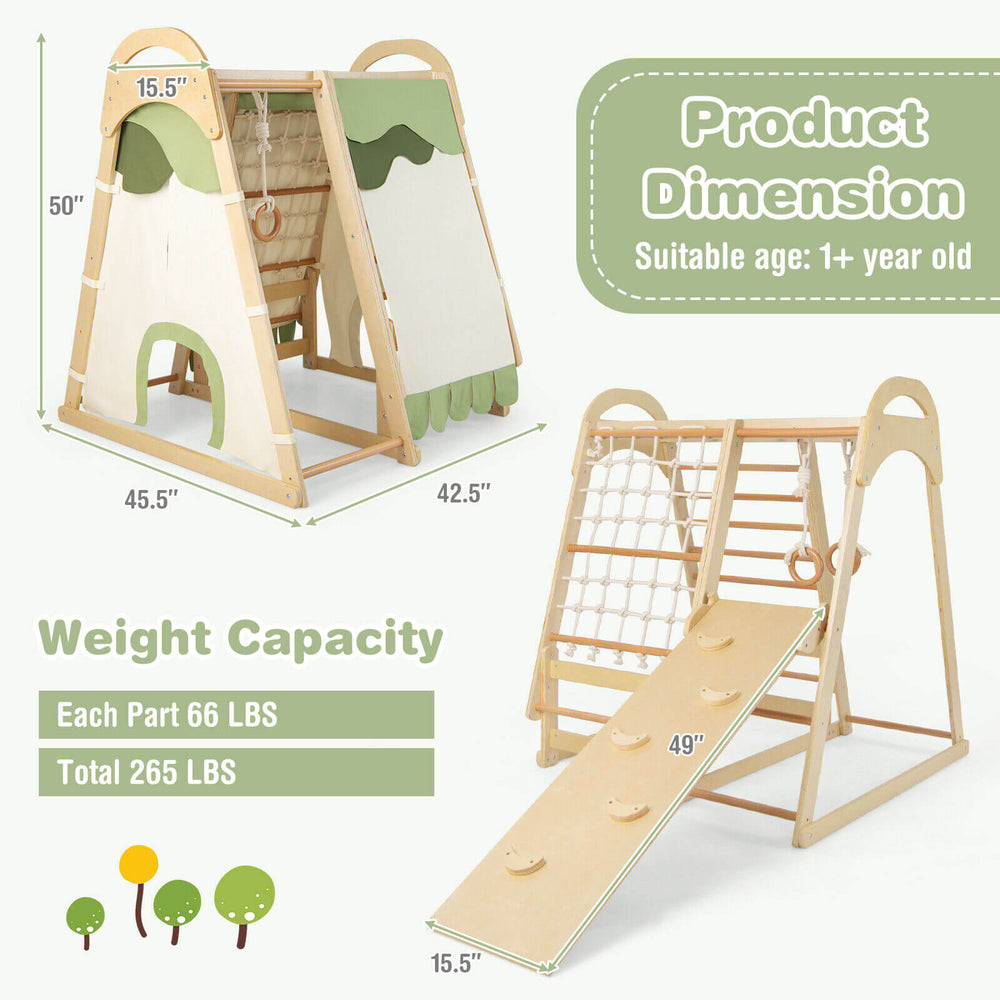 6-in-1 wooden kids jungle gym playset with slide, climbing net, and monkey bars for safe outdoor fun and development.