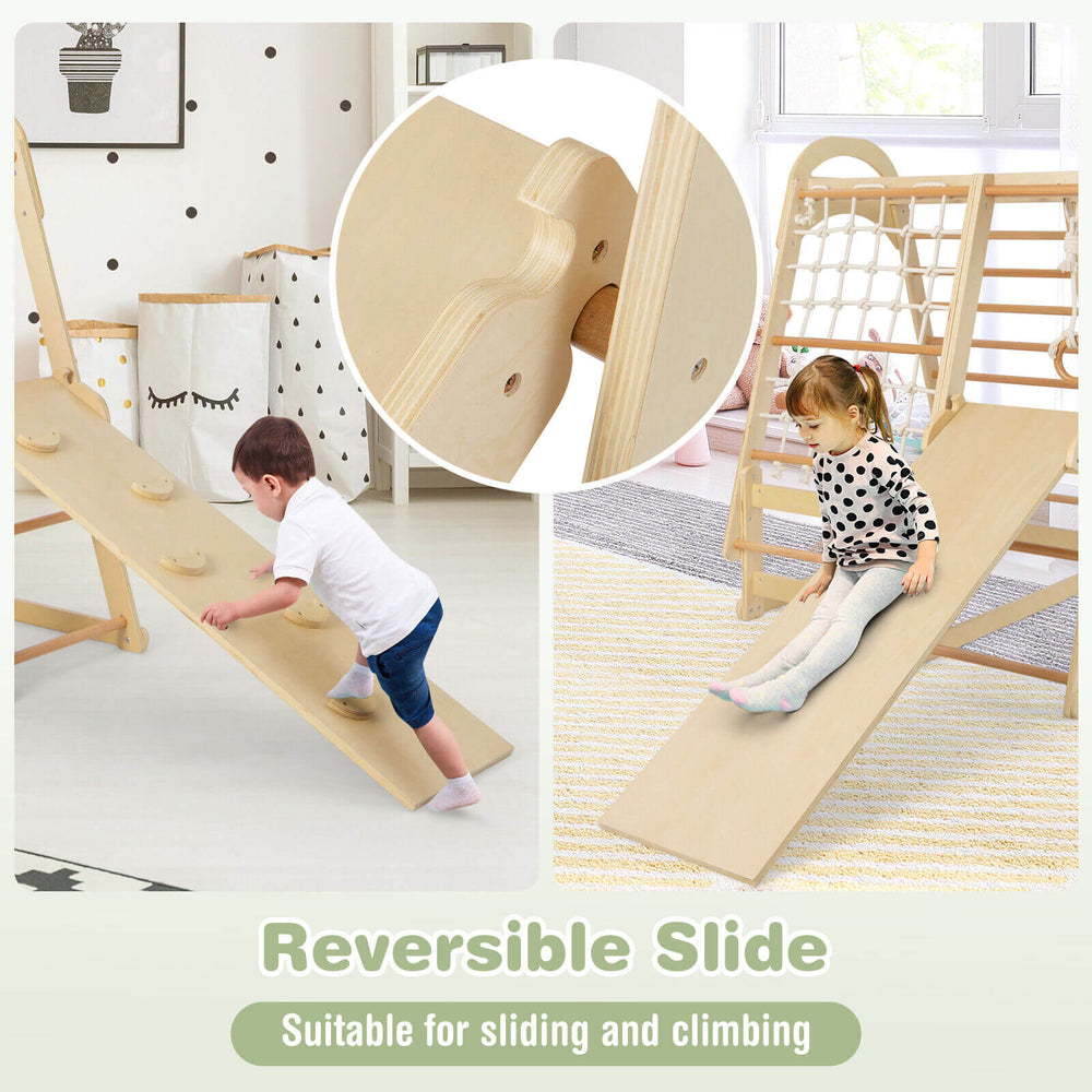 Reversible slide from the 6-in-1 wooden kids jungle gym, made of beech wood, suitable for sliding and climbing.