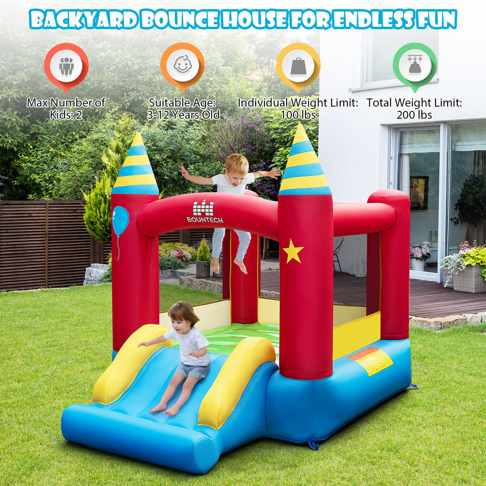 Kids inflatable bounce castle with slide, made of durable 420D oxford cloth, suitable for outdoor fun and safety.