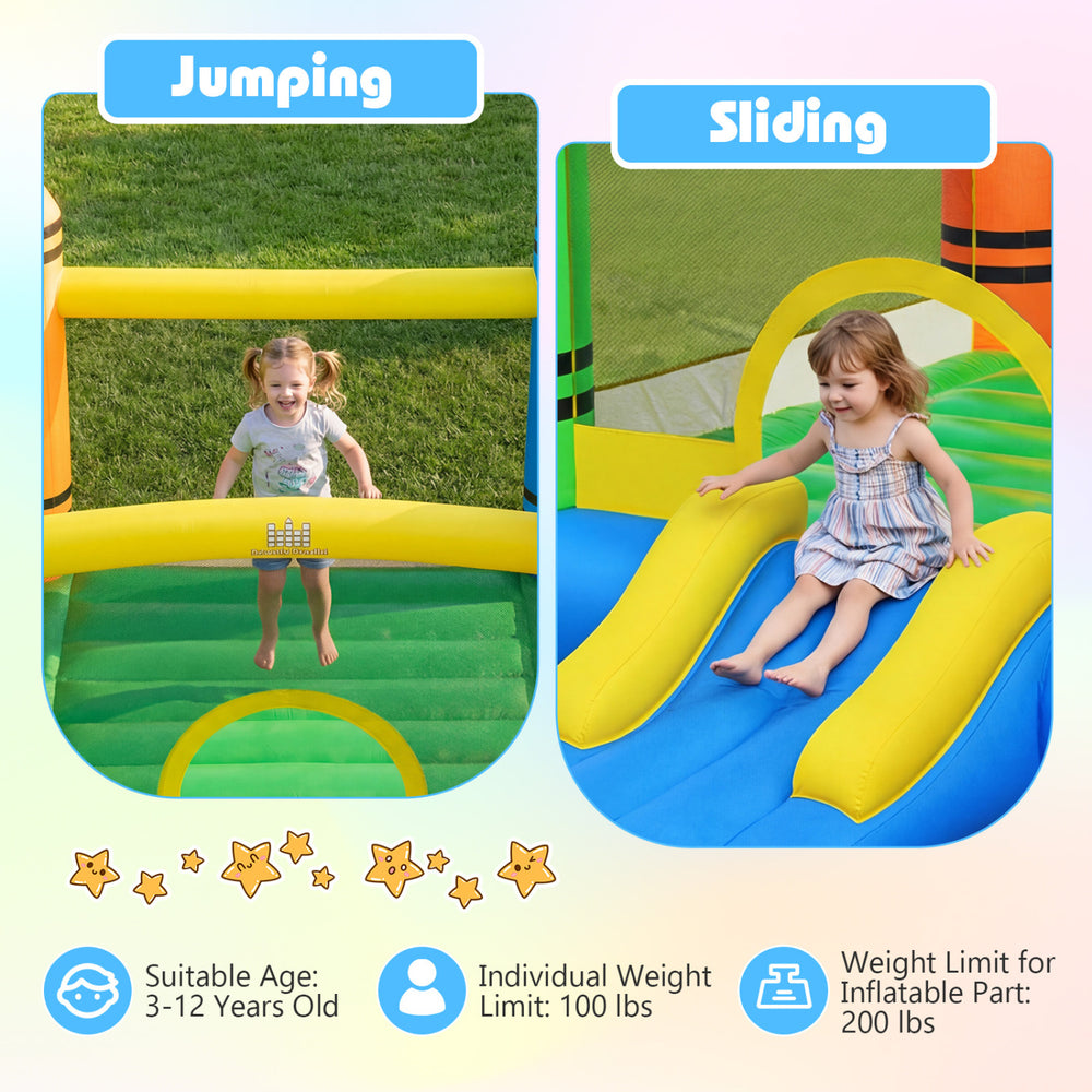 Kids inflatable bounce house featuring a jumping area and slide, made of durable oxford cloth for ages 3-10.