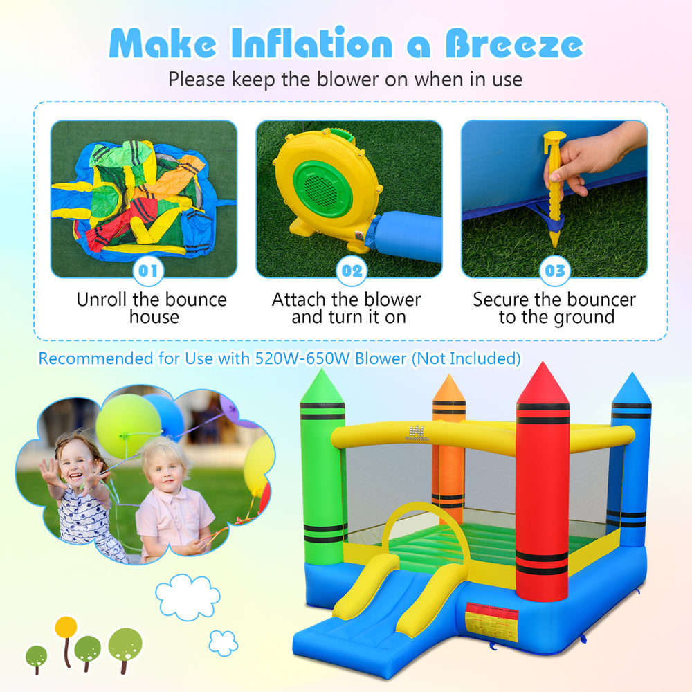 Colorful inflatable bounce house with slide, featuring mesh walls and a repair kit, perfect for kids aged 3-10 indoors.