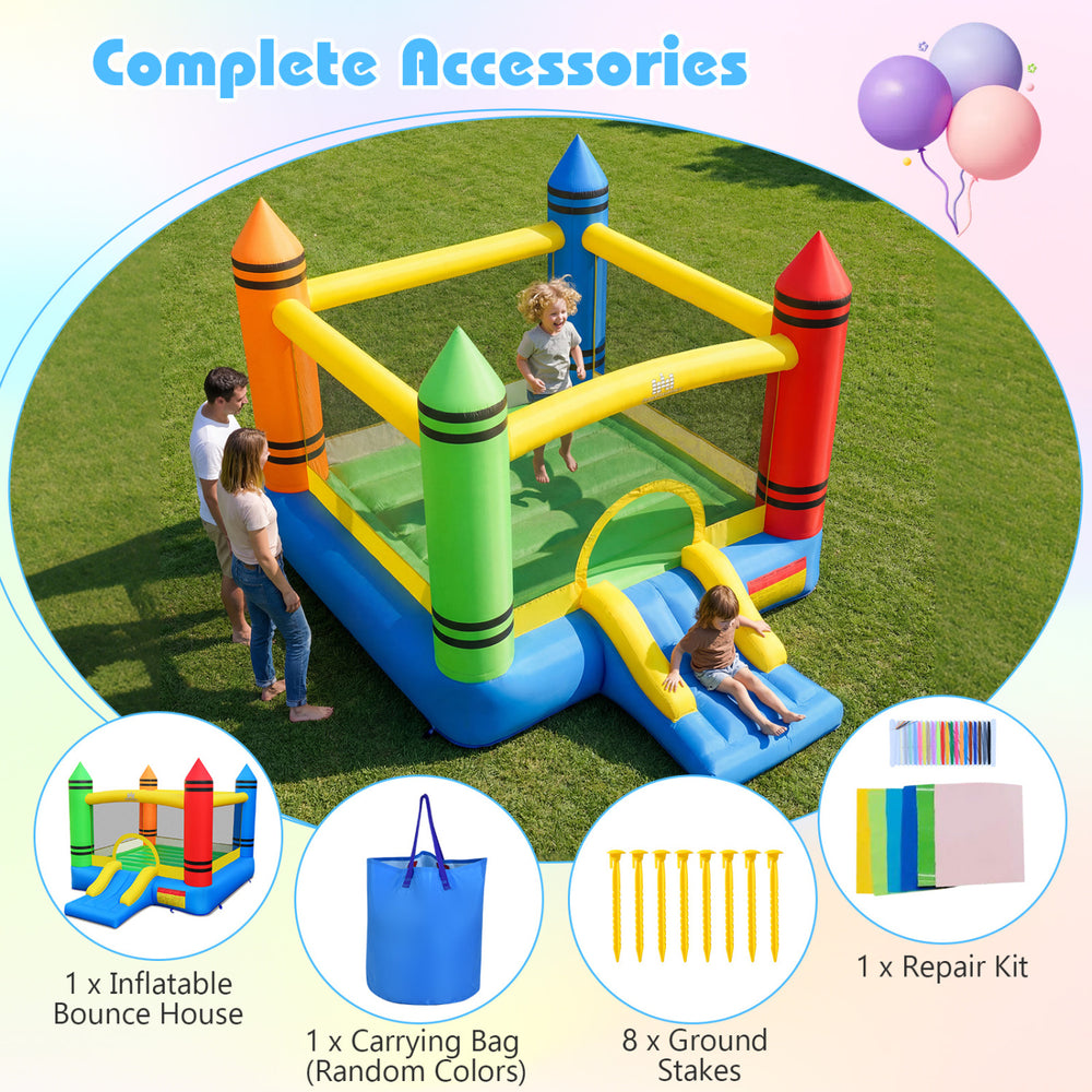 Kids inflatable bounce house with slide, 67" x 85" jumping area, made of durable oxford cloth for outdoor fun.