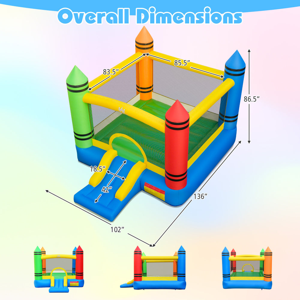 Kids inflatable bounce house with slide, featuring vibrant colors and a spacious 67" x 85" jumping area for safe play.