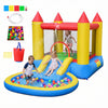 Kids inflatable bounce house castle with water slide and splash pool, featuring colorful balls for imaginative play.