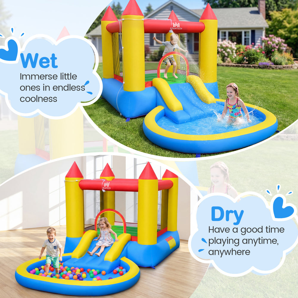 Kids inflatable bounce house castle with slide and ball pool, designed for wet or dry play, ensuring safe fun.