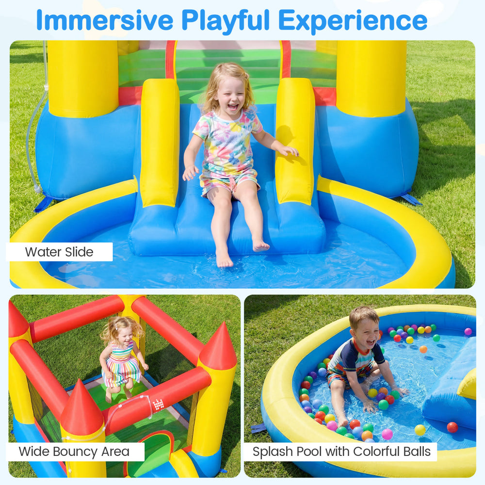 Kids inflatable bounce house with water slide, splash pool, and colorful balls for outdoor fun and active play.