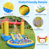 Kids inflatable bounce house castle with water slide, colorful balls, and safety features for outdoor fun.