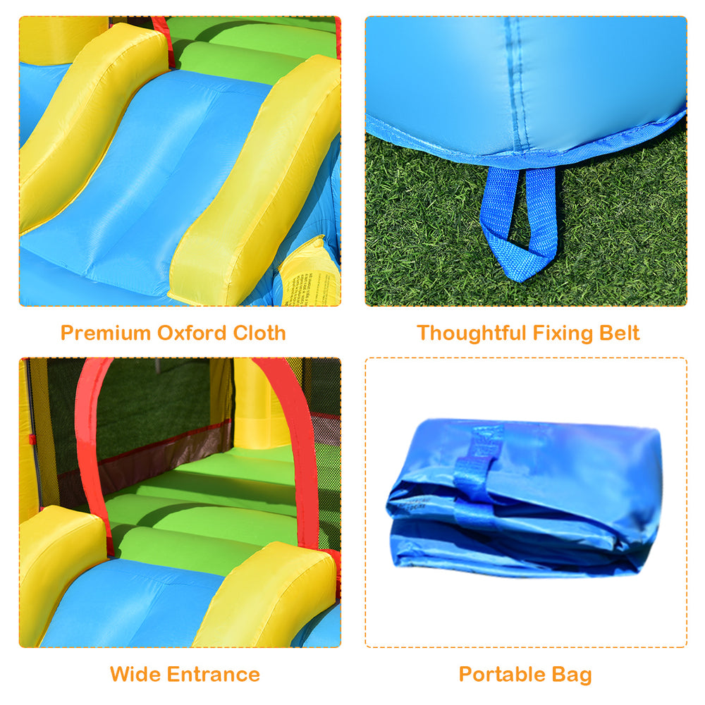 Colorful inflatable kids slide bounce house features a wide entrance, premium Oxford cloth, and portable carrying bag.