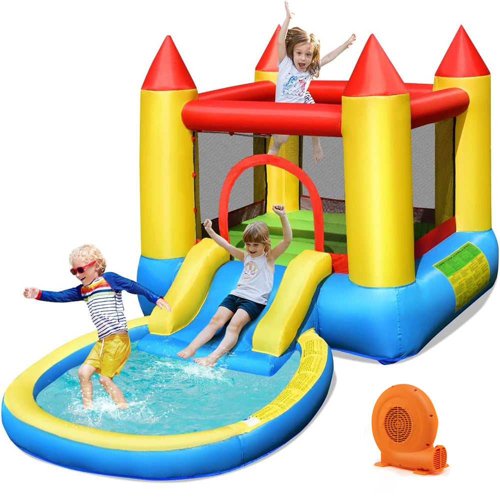 Inflatable kids slide bounce house with water feature, colorful design, suitable for garden fun, includes blower.