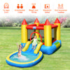 Colorful inflatable kids slide bounce house with water feature, suitable for 2 kids, ideal for garden or park fun.