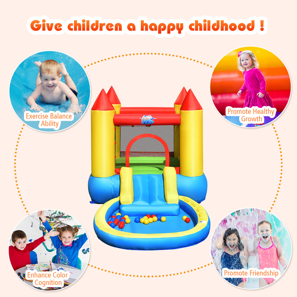 Inflatable kids slide bounce house with colorful design, mesh walls, and water spraying function for outdoor fun.